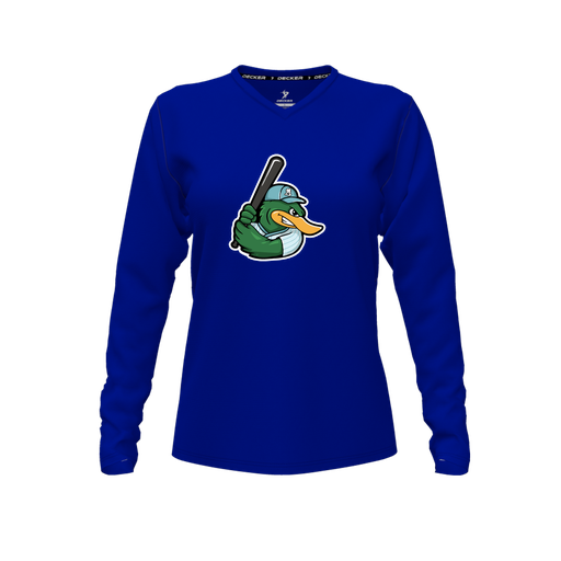 [CUS-DFW-TEES-CMF-VNK-LSL-RYL-FYXS-LOGO2] Decker Comfort T-Shirt (Female Youth XS, Royal, V Neck, Logo 2, Long Sleeve)