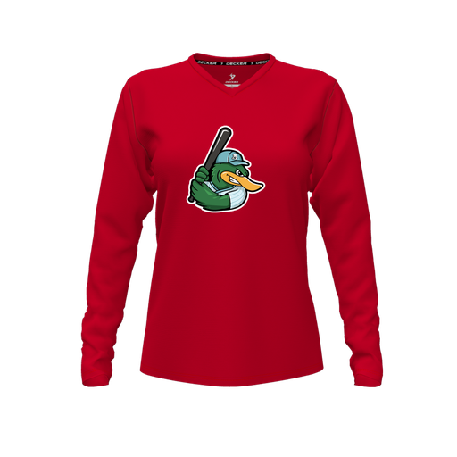 [CUS-DFW-TEES-CMF-VNK-LSL-RED-FYXS-LOGO2] Decker Comfort T-Shirt (Female Youth XS, Red, V Neck, Logo 2, Long Sleeve)